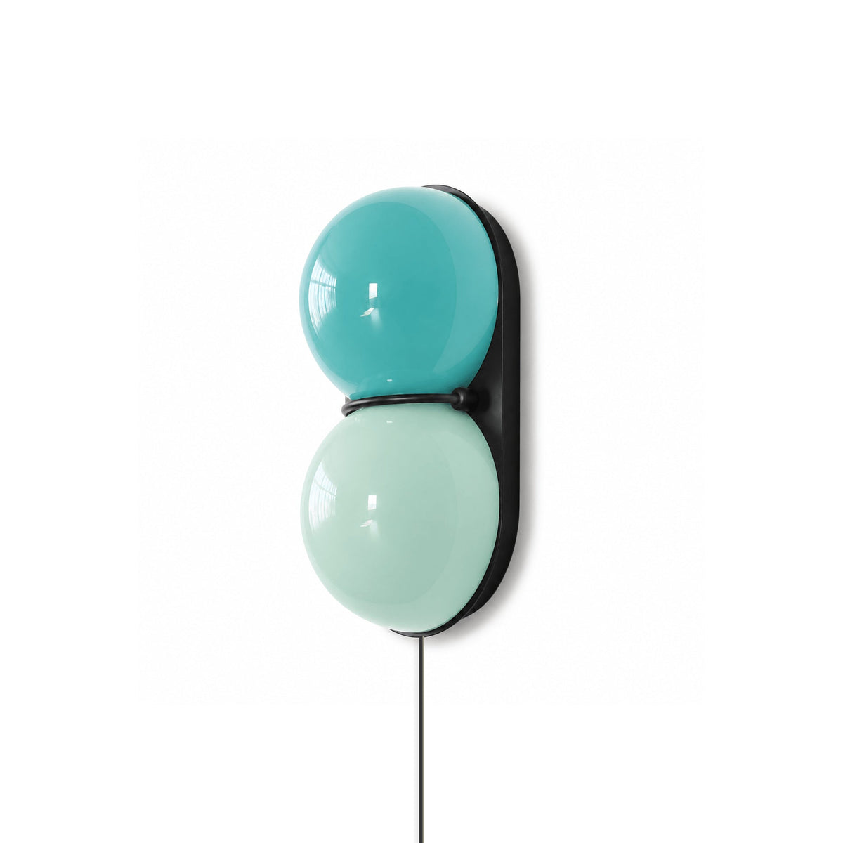 Clérachic two-globe wall sconce in blue and mint glass on a black backplate, shown on a white background with its cord below.