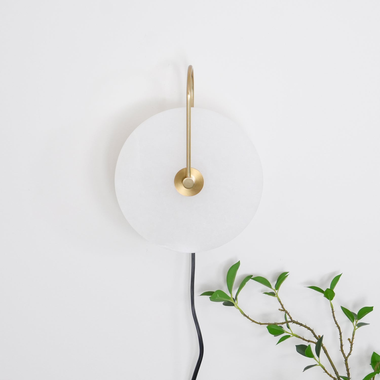 Unlit Clérachic Plug-In Wall Sconce on a white wall beside a leafy branch, gold arm hooked over the stone disc.