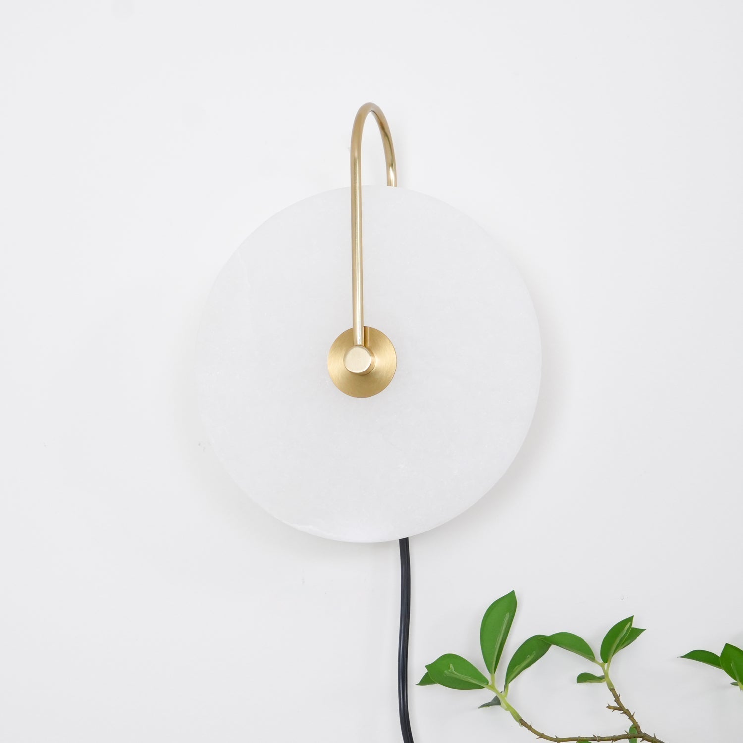 Unlit Clérachic Plug-In Wall Sconce on an off-white wall, gold arm over the pale disc and a green plant sprig at the corner.