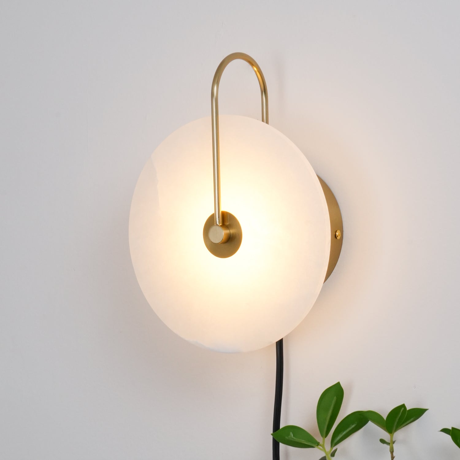 Lit Clérachic Plug-In Wall Sconce on white, black cord dropping from the gold wall base beside bright green leaves.