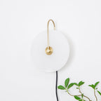 Clérachic Plug-In Wall Sconce on a white wall, satin gold arm and black cord beside a leafy plant with brown stems.