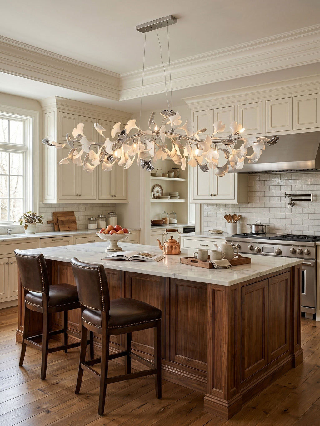 Long Clérachic leaf chandelier suspended over a walnut kitchen island with leather bar stools, in a cream kitchen with white cabinetry.
