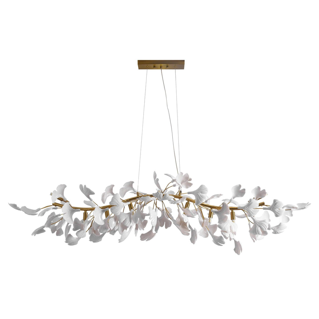 Clérachic chandelier with white leaves on a gold branch, hanging from two cables under a gold canopy, on a plain white backdrop.