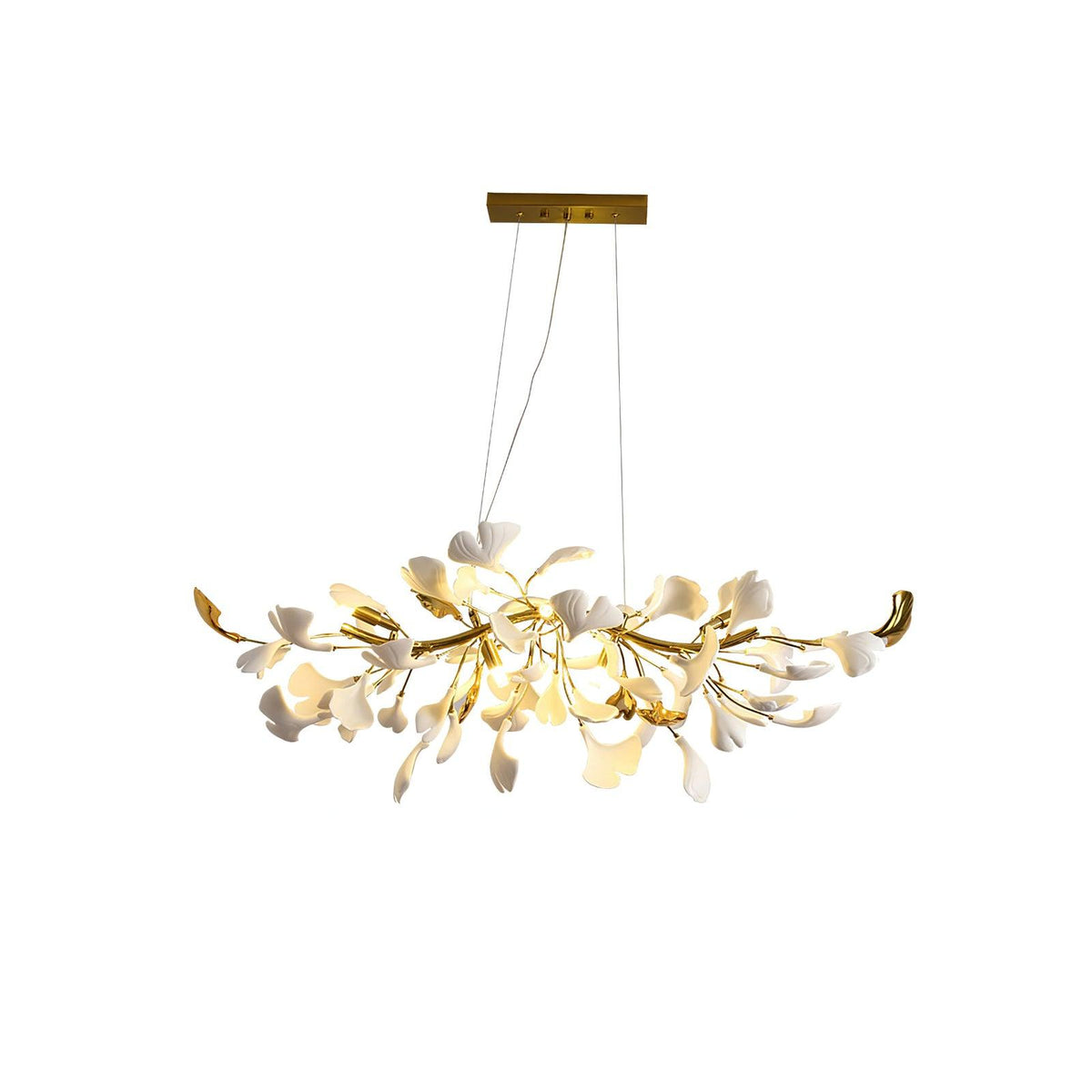 Clérachic chandelier with lit white leaves and gold curved ends, shown whole beneath a gold canopy on a white backdrop.
