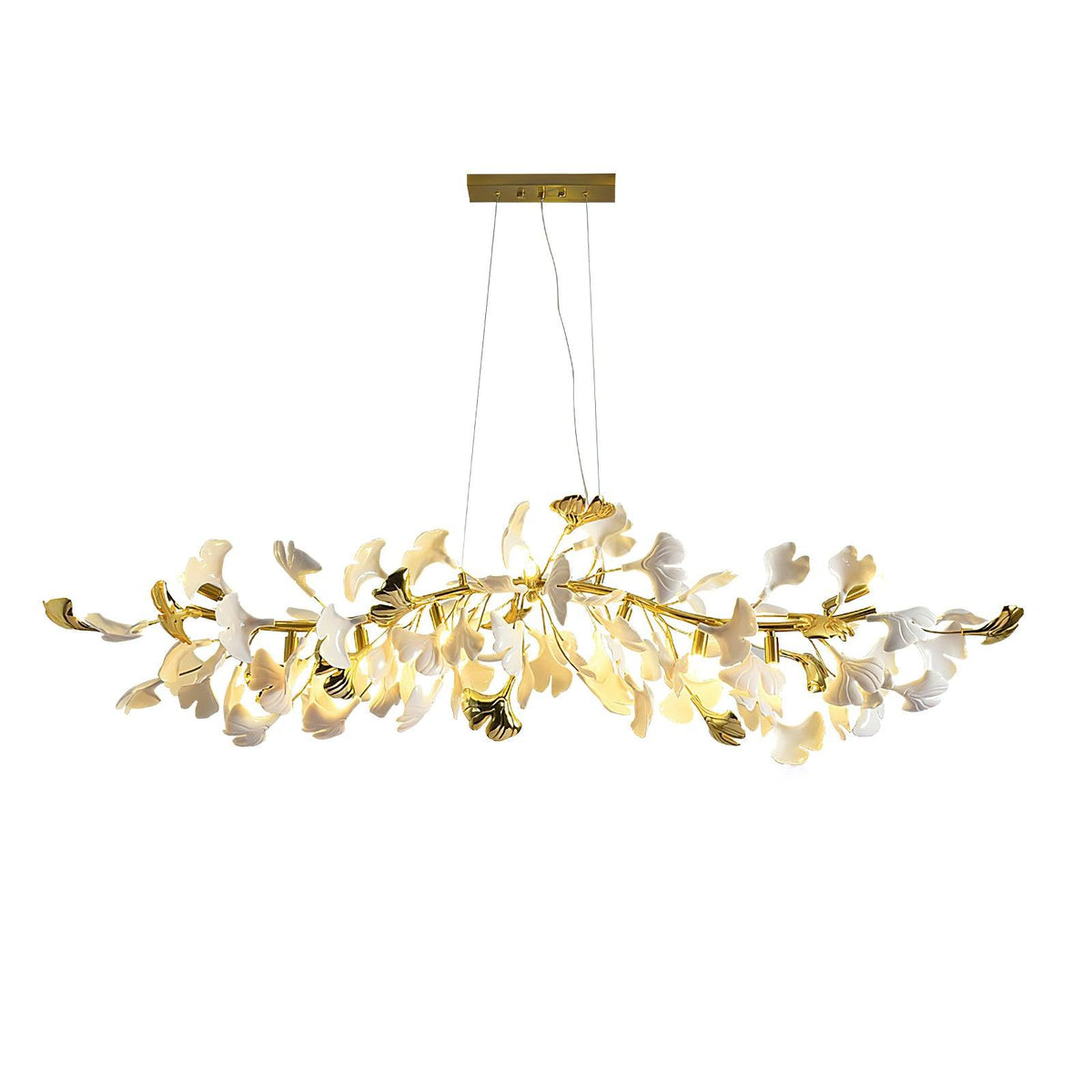 Wide Clérachic gold chandelier with lit white and gold leaves and a gold canopy, shown whole on a plain white backdrop.