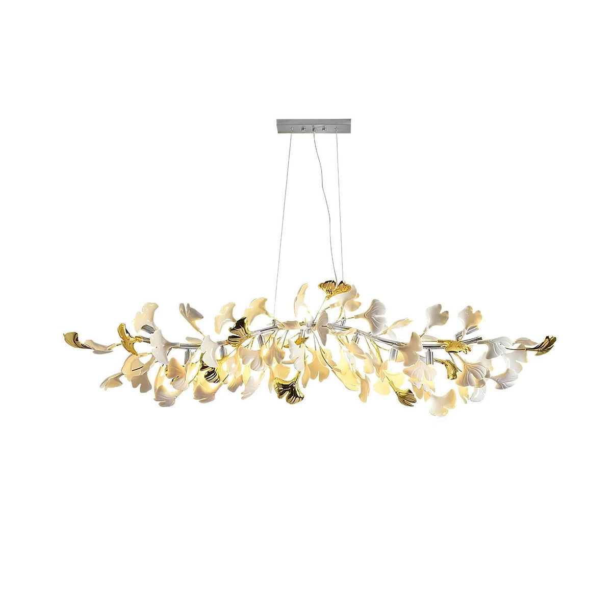 Clérachic chandelier with a nickel-toned canopy and branch, white and silver leaves lit, on a plain white backdrop.