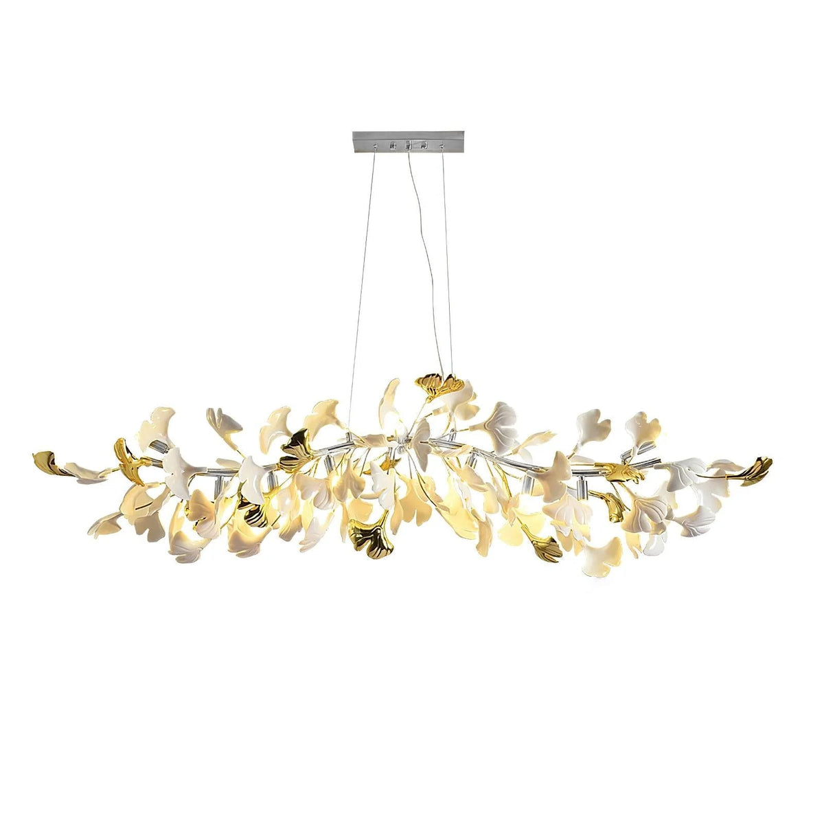 Wide Clérachic chandelier with a silver canopy, white leaves and gold-coloured leaf tips, shown whole and lit on a white backdrop.