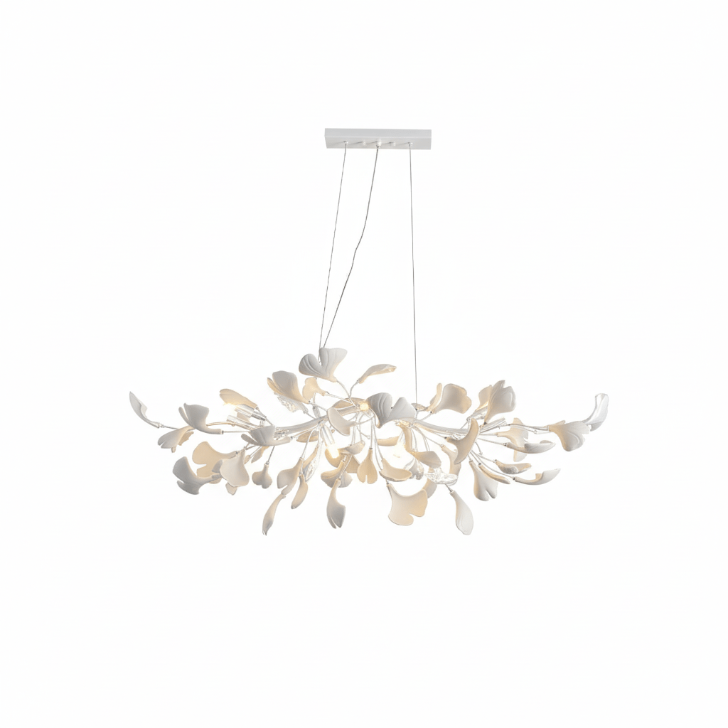 White-bodied Clérachic chandelier with white leaves and a white canopy, shown whole on a plain white backdrop.
