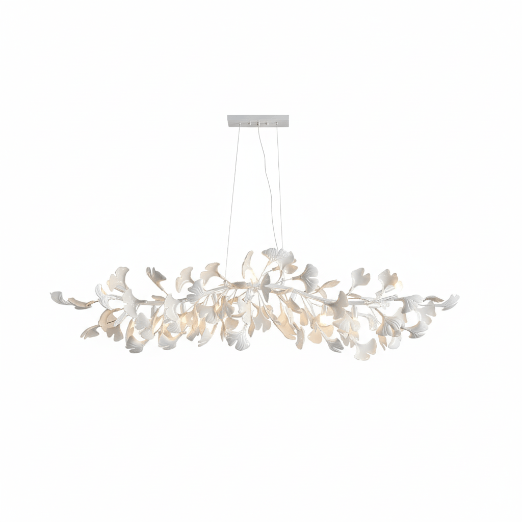 Clérachic leaf chandelier in white, unlit, with a silver-toned canopy on a plain white backdrop.