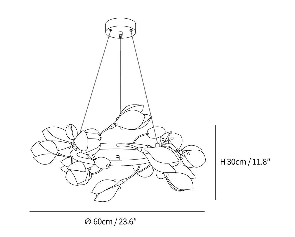 Dimension drawing of this Clérachic ring chandelier in its 60 cm diameter, with its height and width marked.
