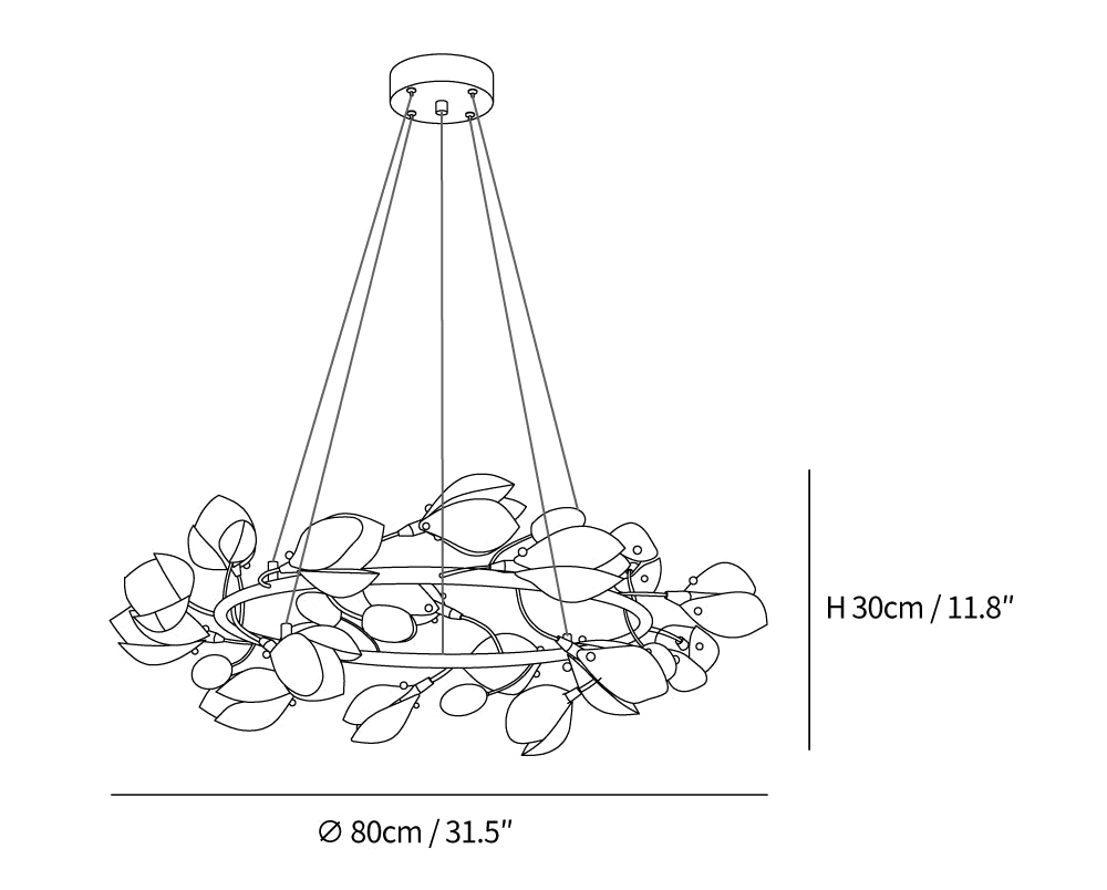 Dimension drawing of this Clérachic ring chandelier in its 80 cm diameter, with its height and width marked.