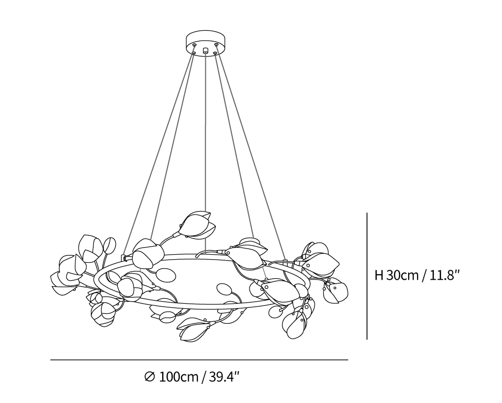 Dimension drawing of this Clérachic ring chandelier in its 100 cm diameter, with its height and width marked.
