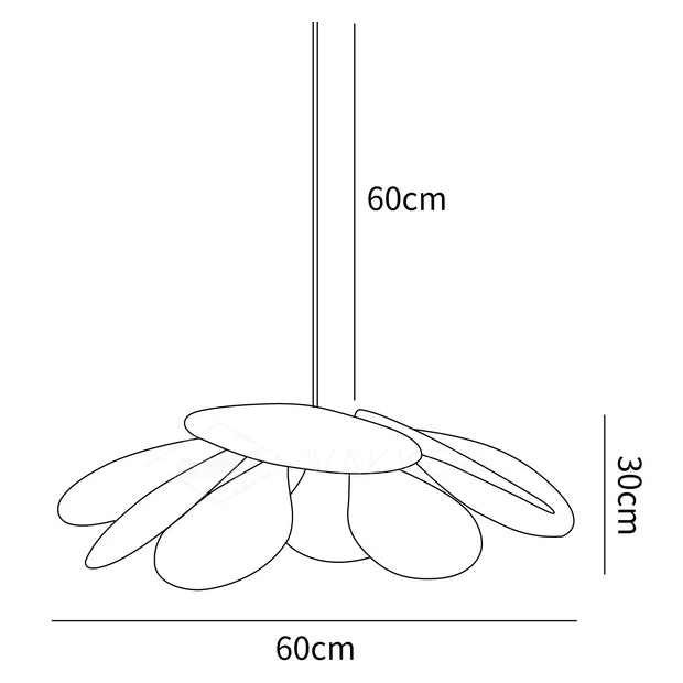 Dimension drawing of the precieuse petals pendant lamp, in outline against white.
