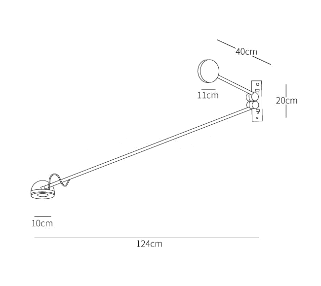 Dimension drawing of this Clérachic wall light, with its 124 cm arm span, 20 cm height and counterweight size marked.