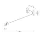 Dimension drawing of this Clérachic wall light, with its 124 cm arm span, 20 cm height and counterweight size marked.
