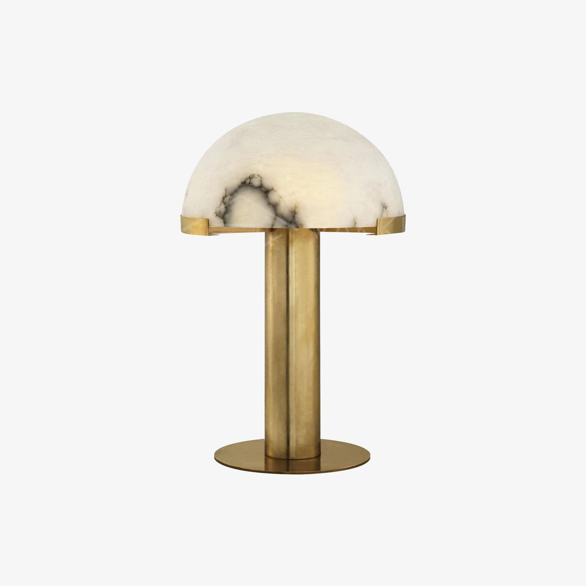 Small gold Clérachic table lamp with a veined white dome, centred on a pale grey backdrop with plenty of empty space around it.