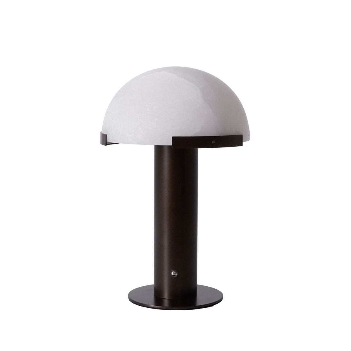 Dark bronze-coloured Clérachic table lamp with a smooth white dome and round base, on a plain white background.
