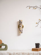 Small unlit Clérachic wall light high on a white wall, with a green vase, a mug on a book and a blossom branch below.
