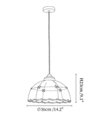 Clérachic pendant light dimension drawing, 1 of 3, every measurement marked in centimetres and inches.