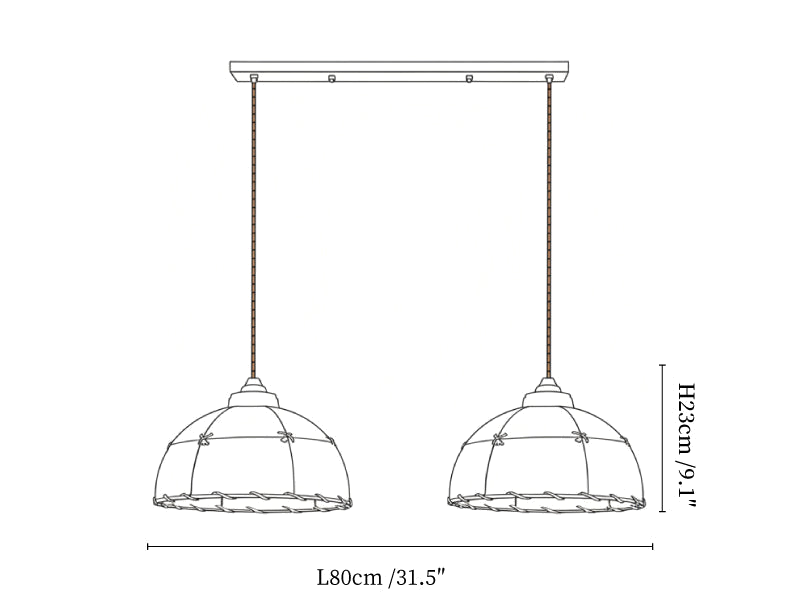 Clérachic pendant light dimension drawing, 2 of 3, every measurement marked in centimetres and inches.