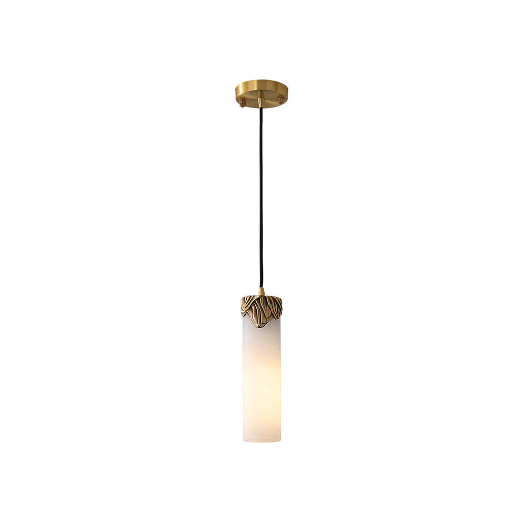 Clérachic Quiver Pendant Light in the shorter alabaster size, shown against white with its brass ceiling canopy and black cord at full drop.