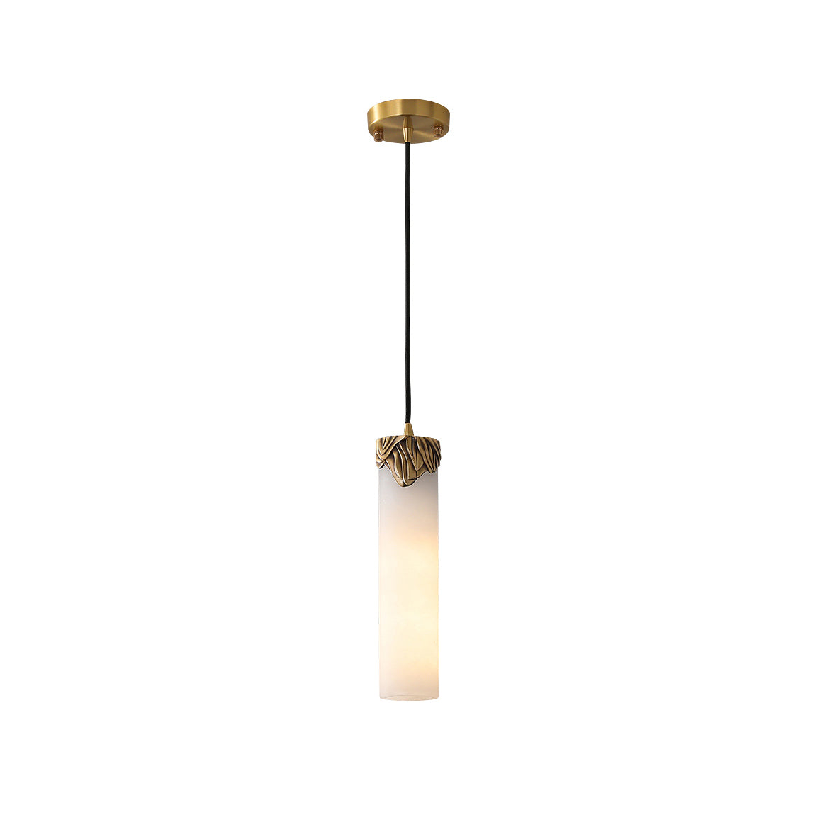 Clérachic Quiver Pendant Light in the taller alabaster size, its slim stone cylinder and brass cap hanging from a long black cord on white.