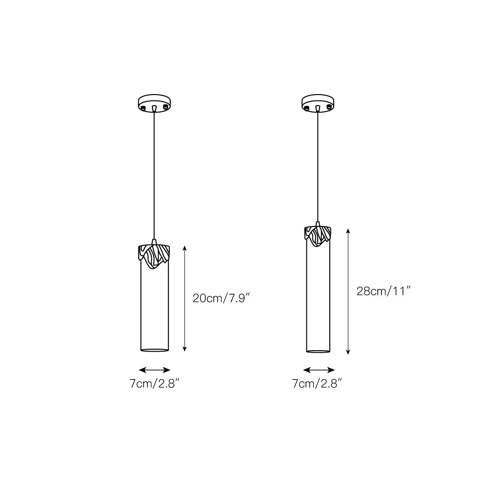 Dimension drawing for the Clérachic Quiver Pendant Light, both sizes 7 cm (2.8″) wide, columns 20 cm (7.9″) and 28 cm (11″) tall.