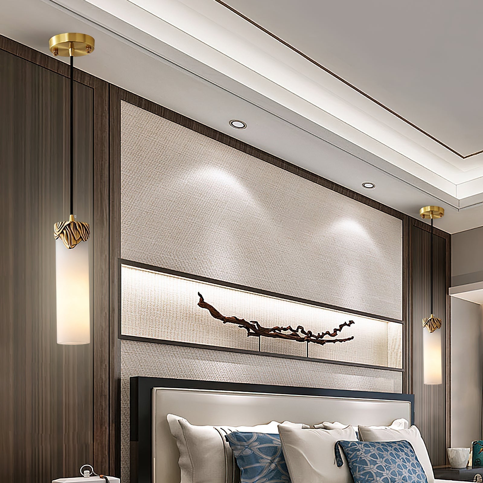 A pair of Clérachic Quiver Pendant Lights flanking a bed, one hung each side of the headboard in place of table lamps.