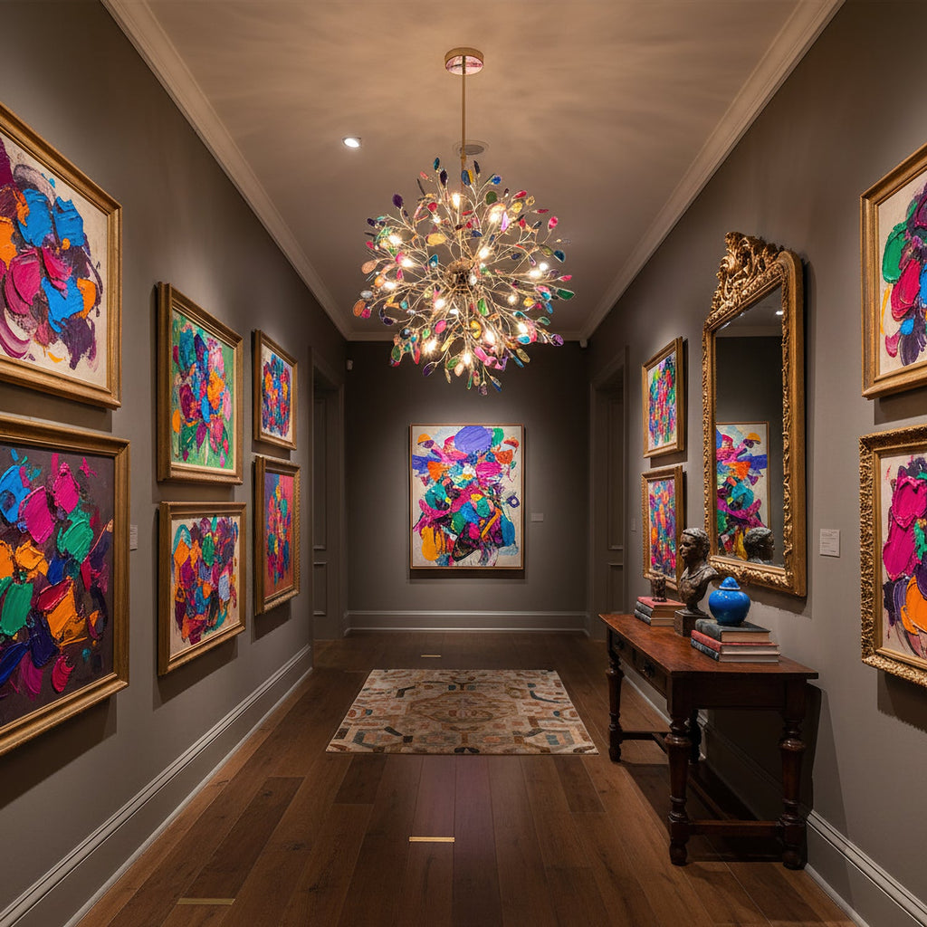 Clérachic agate chandelier glowing at the end of a gallery hallway hung with bright framed paintings, above a wooden console.