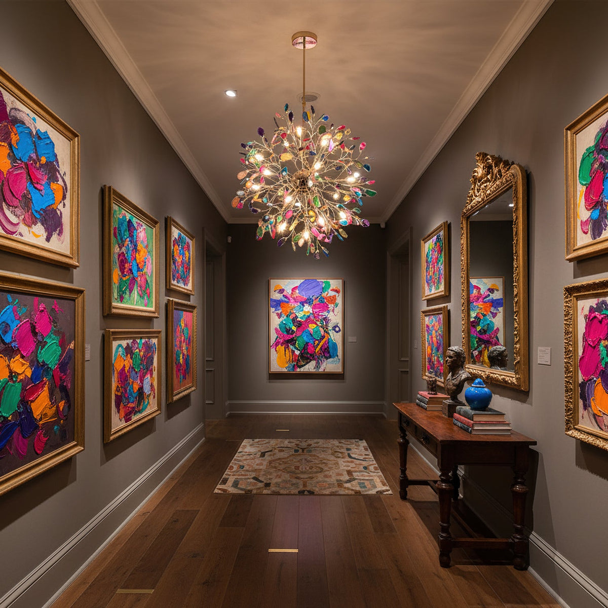 Clérachic agate chandelier glowing at the end of a gallery hallway hung with bright framed paintings, above a wooden console.