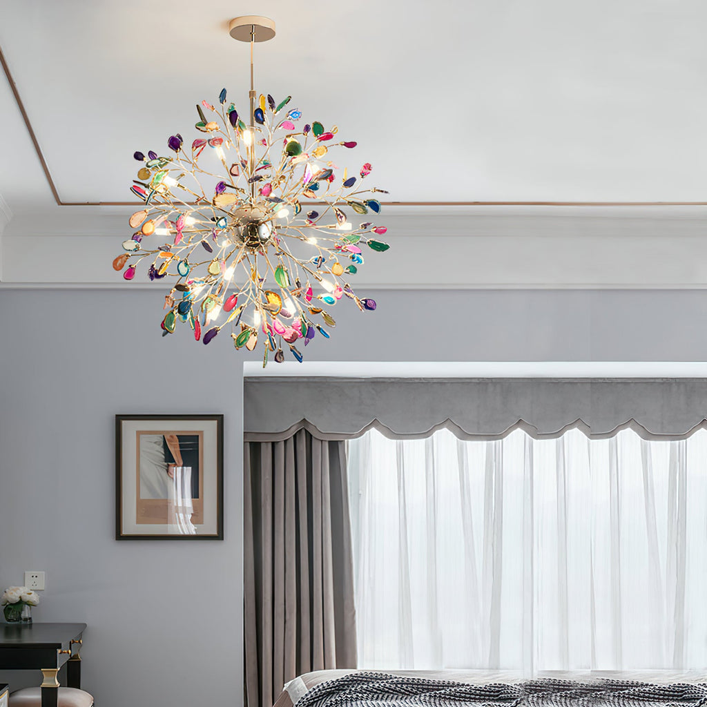 Clérachic agate chandelier in a grey room with a striped valance and soft curtains, a framed print at the lower left.