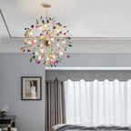 Clérachic agate chandelier in a grey room with a striped valance and soft curtains, a framed print at the lower left.