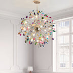 Clérachic agate chandelier beside tall white-framed windows, with grey panelled walls and the edge of a table lamp below.
