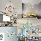 Collage of four Clérachic agate chandeliers: a multicolour one in a grey lounge, a yellow one above a bed, a blue one and a green one.