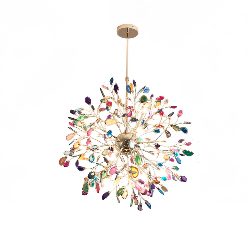 Multicolour agate Clérachic chandelier on a plain white backdrop, hanging from a slim gold rod.