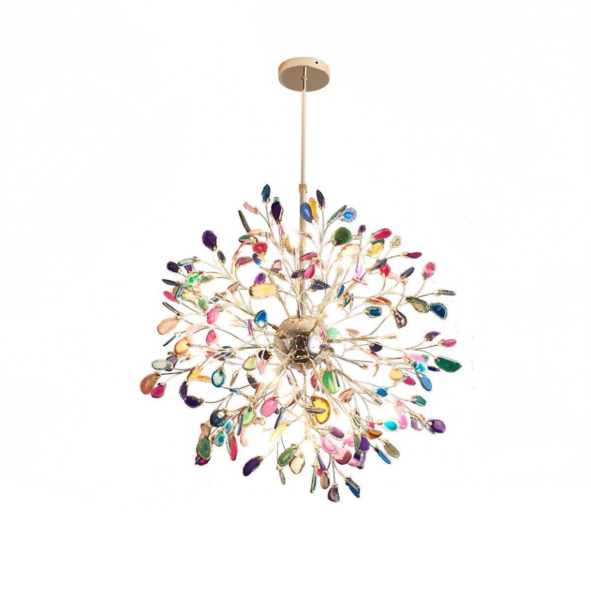 Multicolour agate Clérachic chandelier on a plain white backdrop, hanging from a slim gold rod.