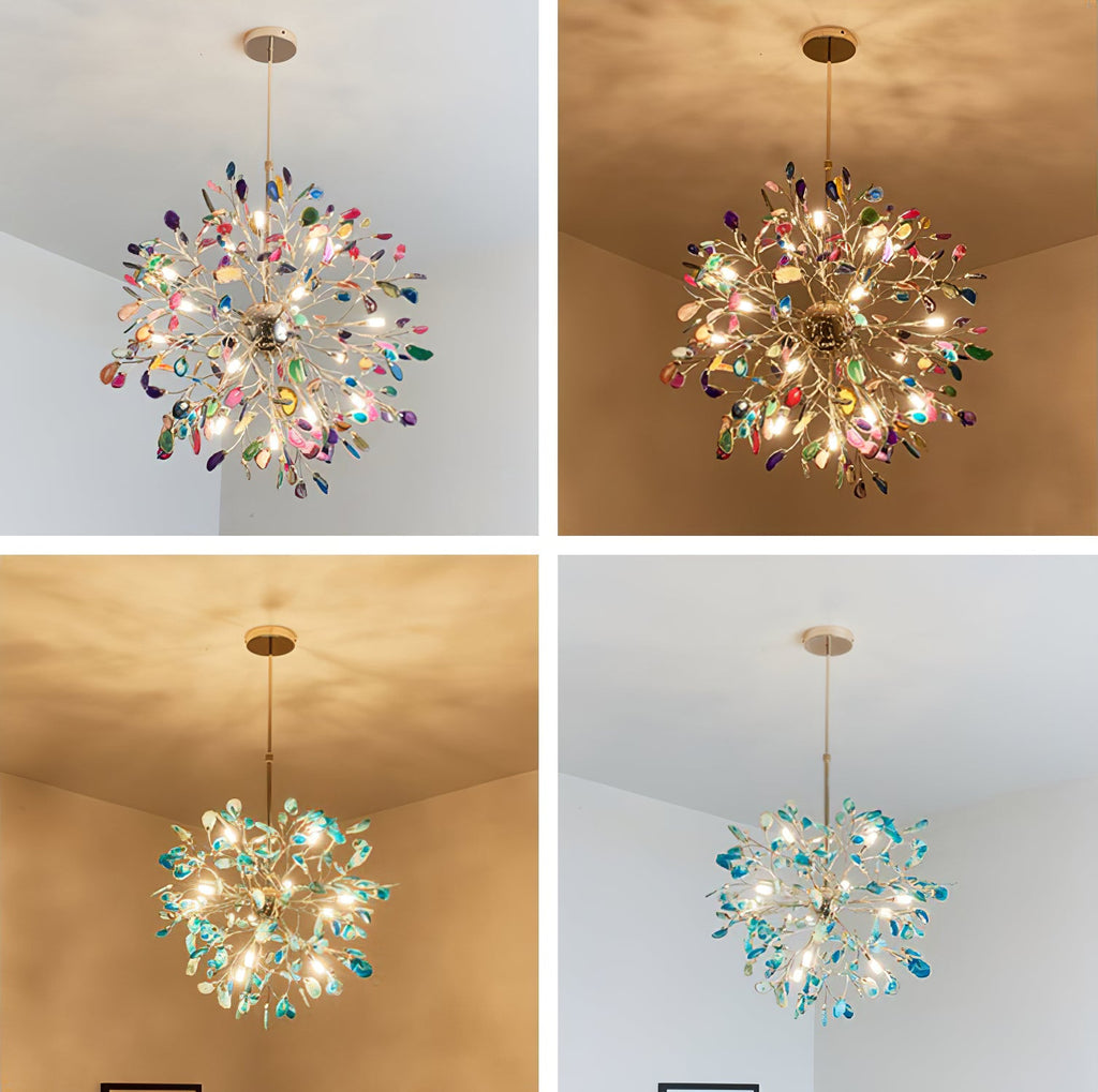 Four views of a Clérachic agate chandelier in different rooms: multicolour in daylight, warm-lit and a teal version.