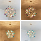 Four views of a Clérachic agate chandelier in different rooms: multicolour in daylight, warm-lit and a teal version.