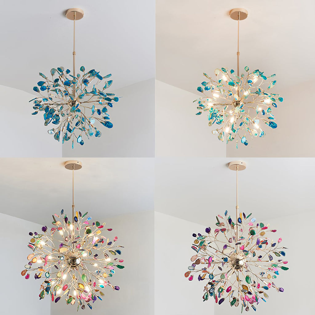 Four small views of a Clérachic agate chandelier: teal and multicolour versions, each lit and unlit, in a pale room.