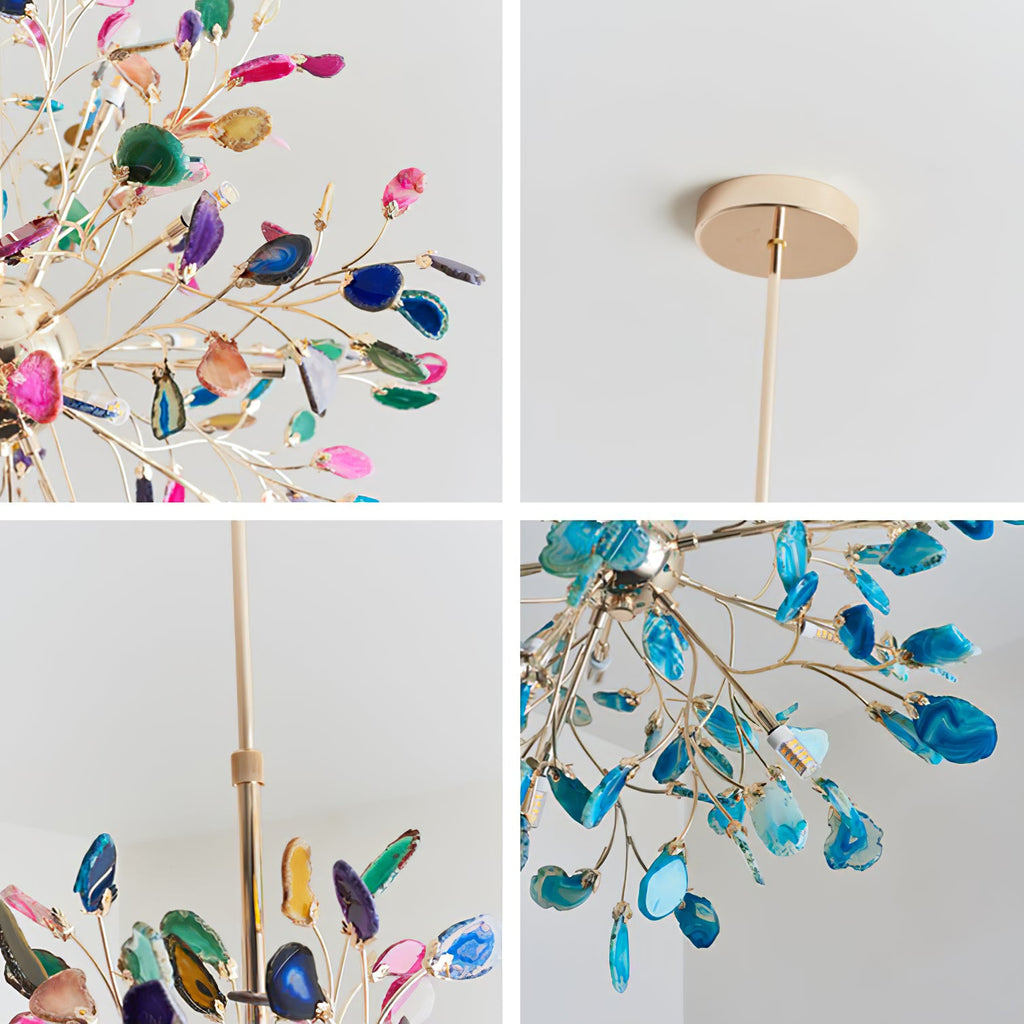 Four close views of a Clérachic agate chandelier: coloured slices on gold branches, the round canopy, the rod and a cluster of teal slices.