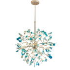 Blue-green agate Clérachic chandelier on a white backdrop, with a telescopic gold rod and round canopy.