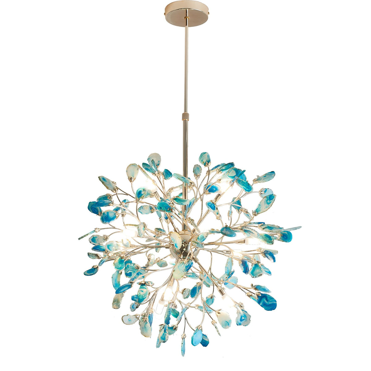 Blue-green agate Clérachic chandelier on a white backdrop, with a telescopic gold rod and round canopy.