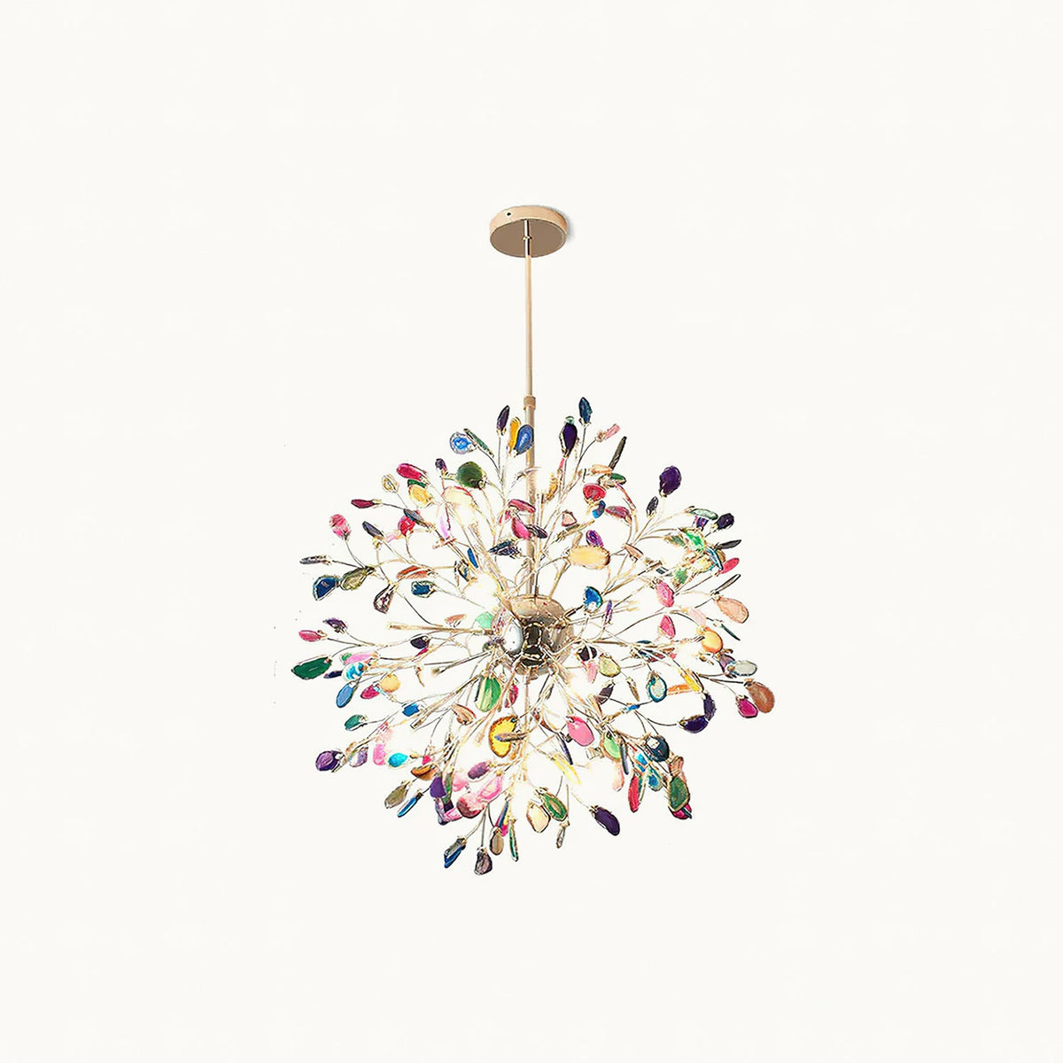 A smaller multicolour Clérachic agate chandelier on a white backdrop, shown with a slim gold rod and round canopy.