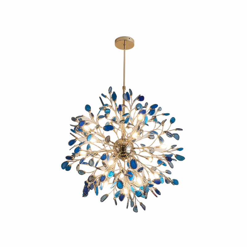 Blue agate Clérachic chandelier on a white backdrop, with navy and teal slices on gold branches around a central sphere.