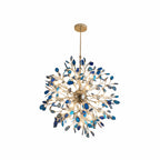 Blue agate Clérachic chandelier on a white backdrop, with navy and teal slices on gold branches around a central sphere.