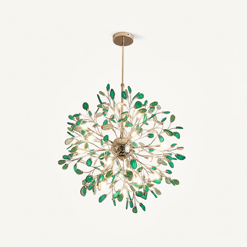 Green agate Clérachic chandelier on a cream backdrop, with deep green slices spreading from a gold sphere.