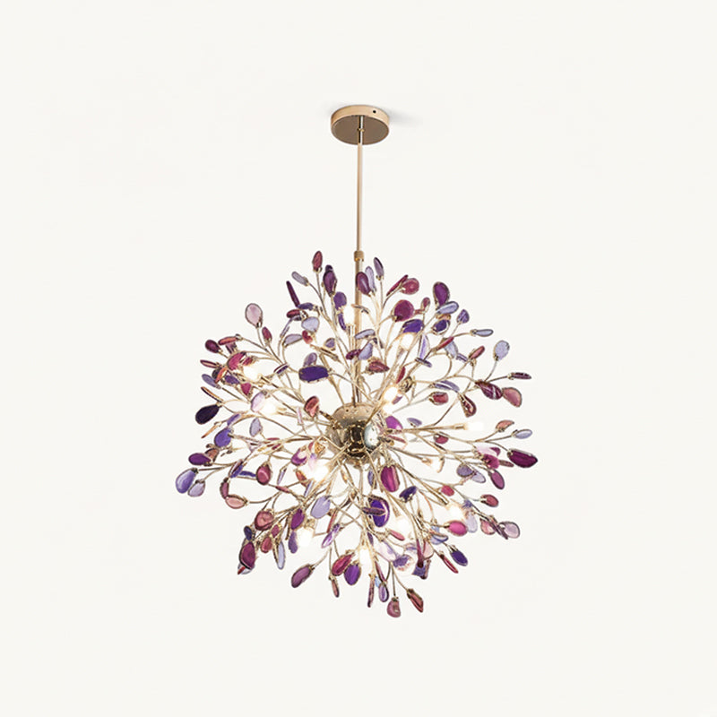 Purple agate Clérachic chandelier on a cream backdrop, with violet and lilac slices on fine gold branches.