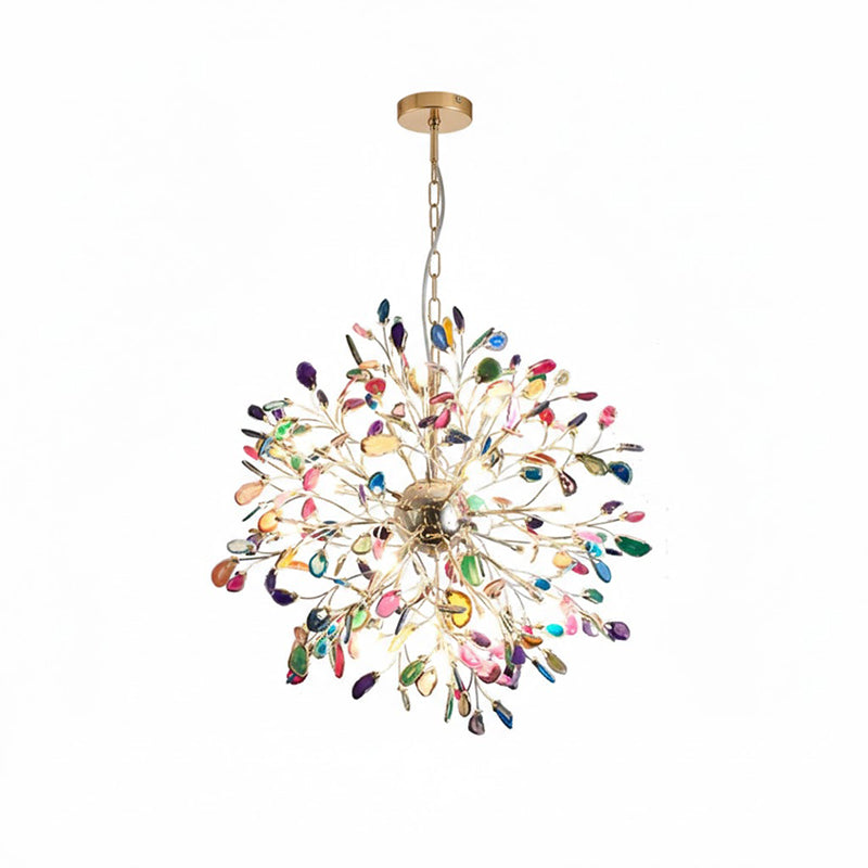 Multicolour agate Clérachic chandelier hanging from a gold chain on a white backdrop, with slices in many colours.