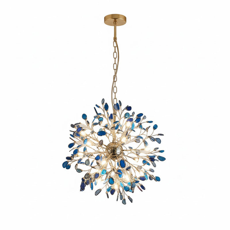 Blue agate Clérachic chandelier hanging from a gold chain on a white backdrop, with navy and teal slices.
