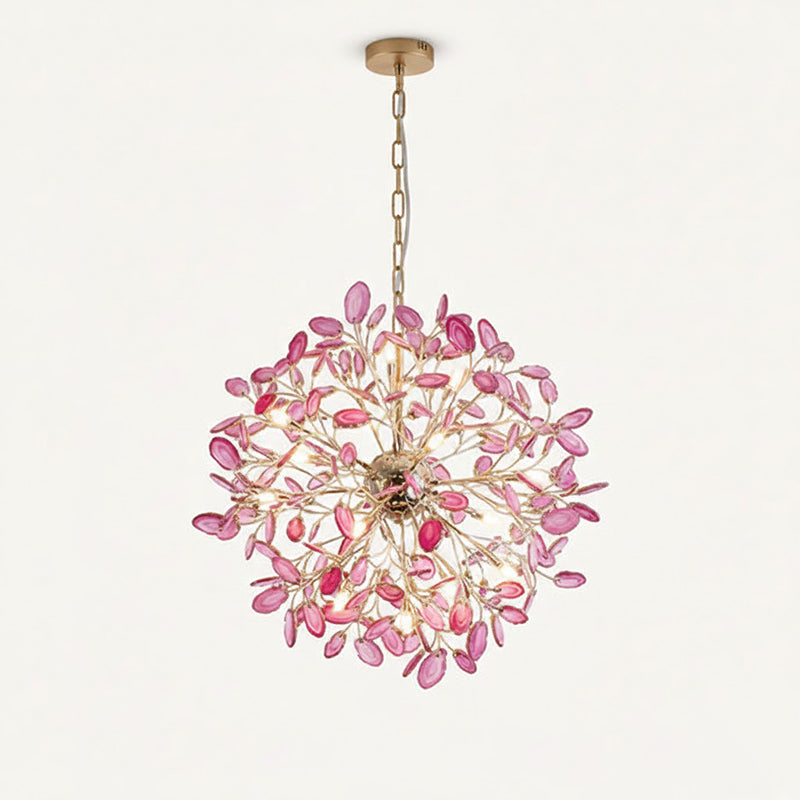 Pink agate Clérachic chandelier hanging from a chain on a cream backdrop, with a full round of rose and magenta slices.